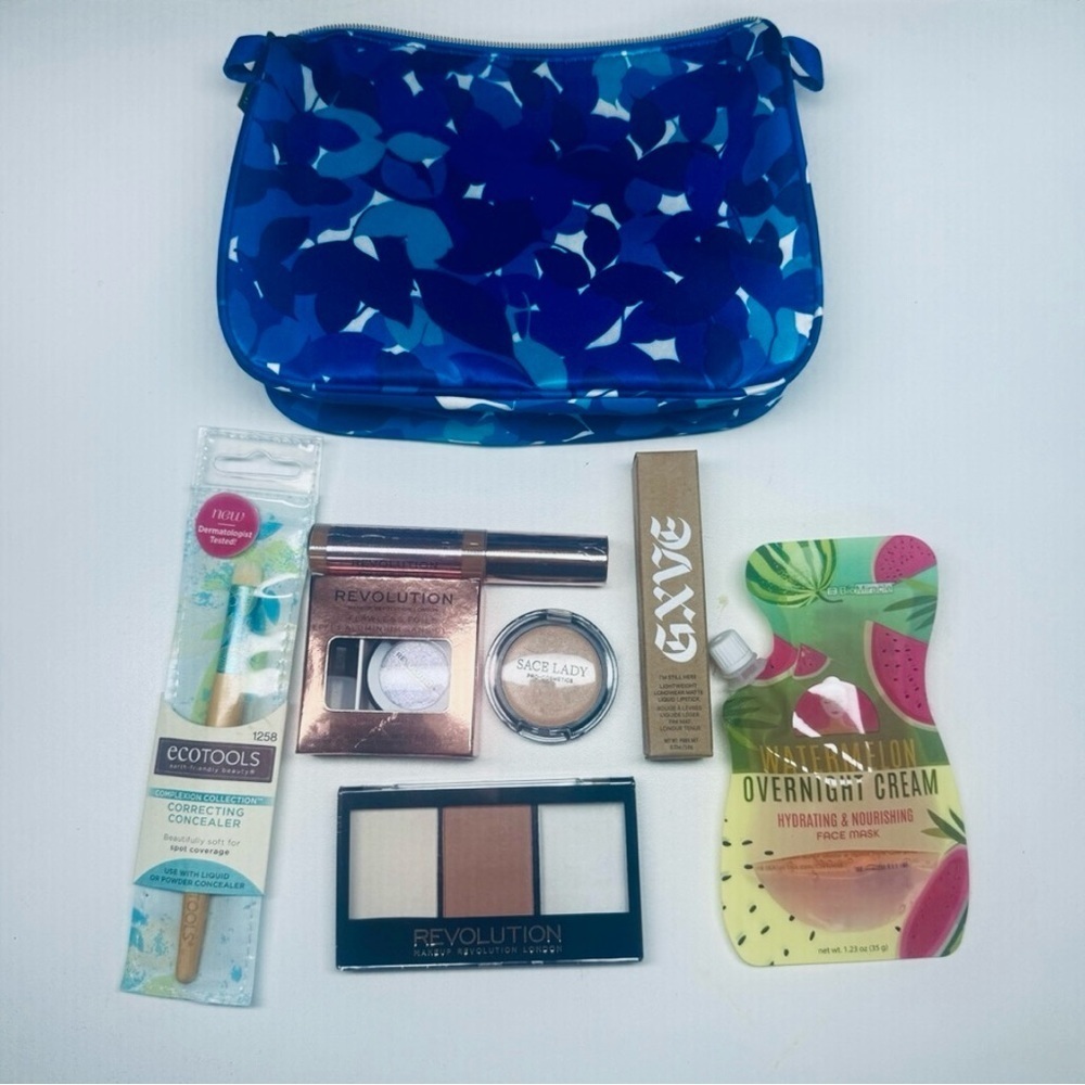 Beauty Bundle. Blue Patterned Makeup Bag with Assorted Cosmetics